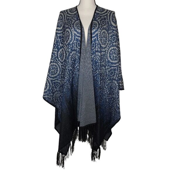 Misook Open Front Blue and Black Fringe Poncho Wrap Shawl Cardigan One Size - Picture 2 of 10